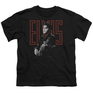 Black youth t-shirt for ages 8 to 12 with Elvis Presley Red Guitarman graphic