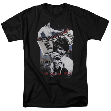 Black men's regular fit t-shirt with Elvis Presley International Hotel graphic