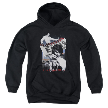 Black youth hoodie for ages 8 to 12 with Elvis Presley International Hotel graphic