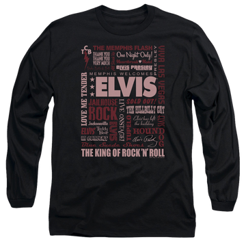Black men's long sleeve t-shirt with Elvis Presley Whole Lotta Type graphic