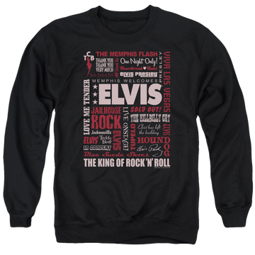Black men's crewneck sweatshirt with Elvis Presley Whole Lotta Type graphic