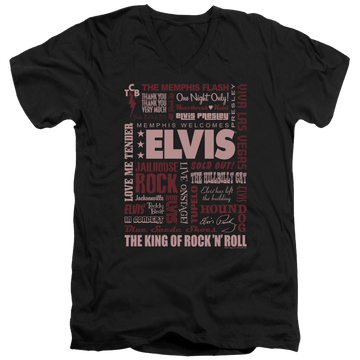 Black men's v-neck t-shirt with Elvis Presley Whole Lotta Type graphic