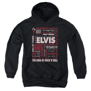 Black youth hoodie for ages 8 to 12 with Elvis Presley Whole Lotta Type graphic