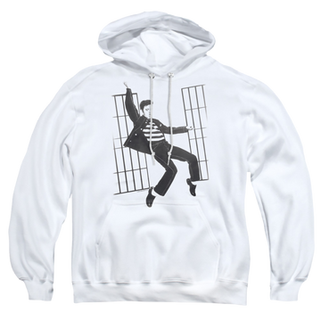 White pullover hoodie with Elvis Presley Jailhouse Rock graphic