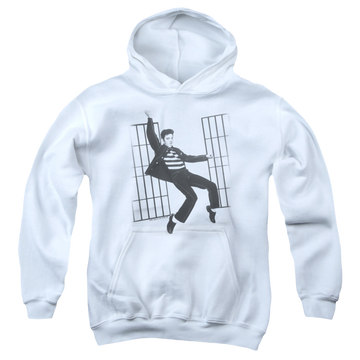 White youth hoodie for ages 8 to 12 with Elvis Presley Jailhouse Rock graphic