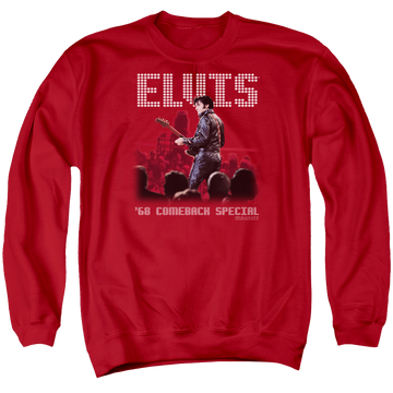 Red men's crewneck sweatshirt with Elvis Presley Return Of The King graphic
