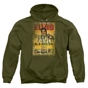 Military green pullover hoodie with Elvis Presley Gi Blues Poster graphic