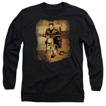 Black men's long sleeve t-shirt with Elvis Presley Hit The Road graphic