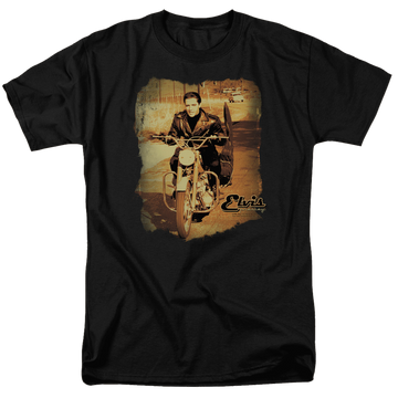 Black men's regular fit t-shirt with Elvis Presley Hit The Road graphic