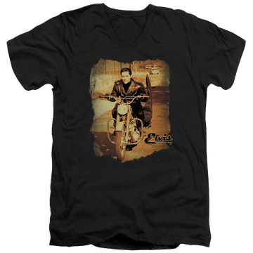 Black men's v-neck t-shirt with Elvis Presley Hit The Road graphic