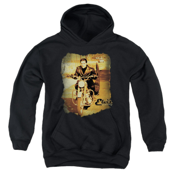 Black youth hoodie for ages 8 to 12 with Elvis Presley Hit The Road graphic