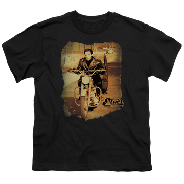 Black youth t-shirt for ages 8 to 12 with Elvis Presley Hit The Road graphic