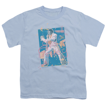 Carolina blue youth t-shirt for ages 8 to 12 with Elvis Presley Splatter Hawaii graphic
