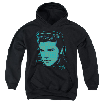 Black youth hoodie for ages 8 to 12 with Elvis Presley Young Dots graphic