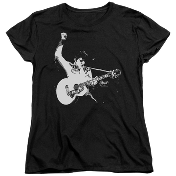 Black women's t-shirt with Elvis Presley Black And White Guitarman graphic