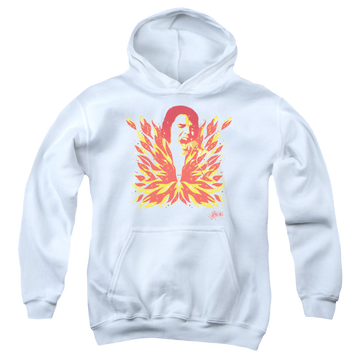 White youth hoodie for ages 8 to 12 with Elvis Presley His Latest Flame graphic