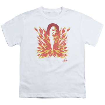 White youth t-shirt for ages 8 to 12 with Elvis Presley His Latest Flame graphic