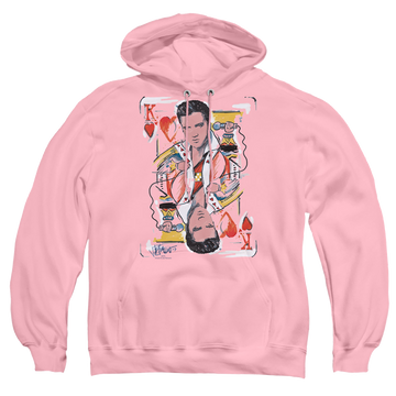 Pink pullover hoodie with Elvis Presley King Of Hearts graphic