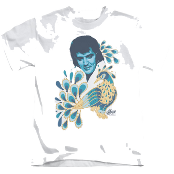 White kid's t-shirt for ages 4 to 7 with Elvis Presley Peacock graphic