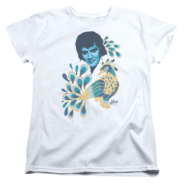 White women's t-shirt with Elvis Presley Peacock graphic