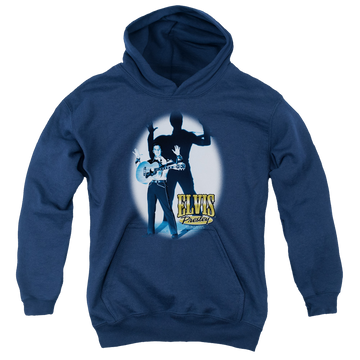 Navy youth hoodie for ages 8 to 12 with Elvis Presley Hands Up graphic