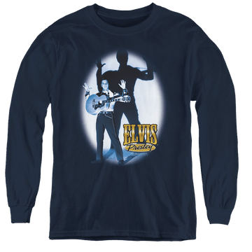 Navy youth long sleeve t-shirt with Elvis Presley Hands Up graphic