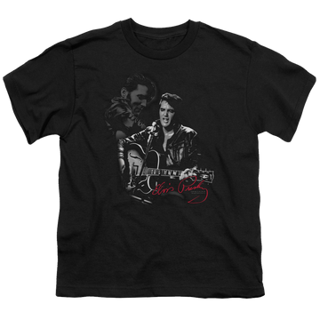 Black youth t-shirt for ages 8 to 12 with Elvis Presley Show Stopper graphic