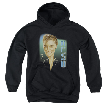 Black youth hoodie for ages 8 to 12 with Elvis Presley Elvis 56 graphic