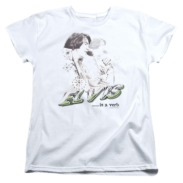 White women's t-shirt with Elvis Presley Elvis Is A Verb graphic