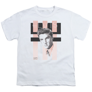 White youth t-shirt for ages 8 to 12 with Elvis Presley Retro graphic