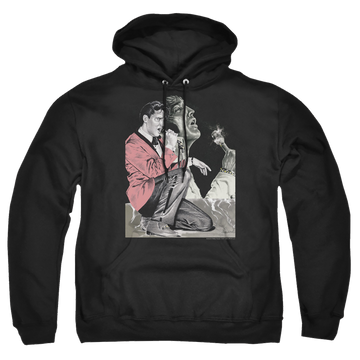 Black pullover hoodie with Elvis Presley Rock N Roll Smoke graphic