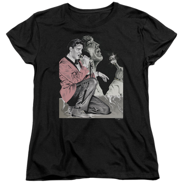 Black women's t-shirt with Elvis Presley Rock N Roll Smoke graphic