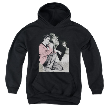 Black youth hoodie for ages 8 to 12 with Elvis Presley Rock N Roll Smoke graphic