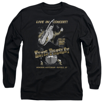 Black men's long sleeve t-shirt with Elvis Presley Live In Buffalo graphic