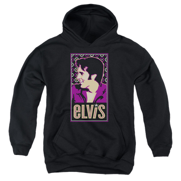 Black youth hoodie for ages 8 to 12 with Elvis Presley Elvis Is graphic