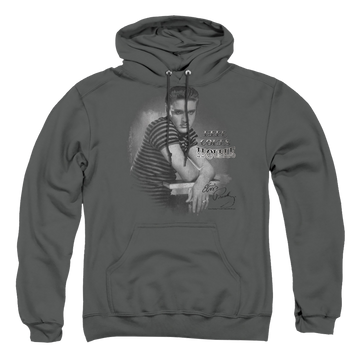 Charcoal pullover hoodie with Elvis Presley Trouble graphic