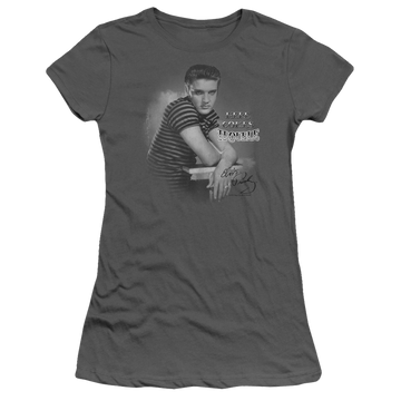 Charcoal juniors t-shirt with Elvis Presley Trouble graphic