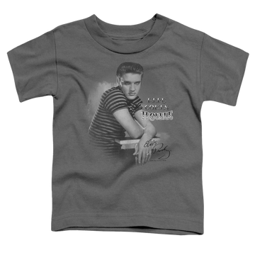Charcoal kid's t-shirt for ages 4 to 7 with Elvis Presley Trouble graphic