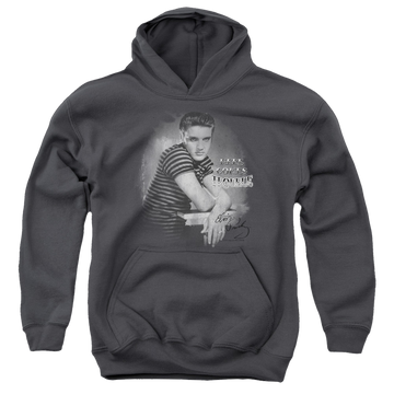 Charcoal youth hoodie for ages 8 to 12 with Elvis Presley Trouble graphic