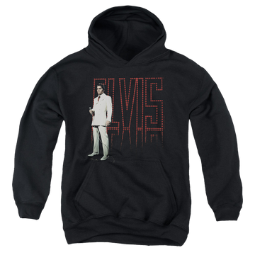 Black youth hoodie for ages 8 to 12 with Elvis Presley White Suit graphic