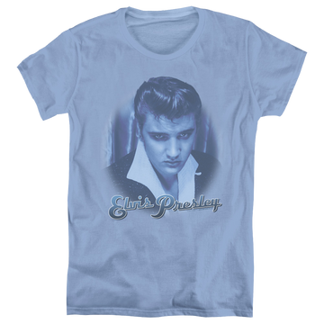 Carolina blue women's t-shirt with Elvis Presley Blue Suede Fade graphic