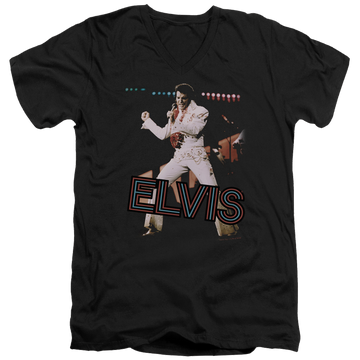 Black men's v-neck t-shirt with Elvis Presley Hit The Lights graphic