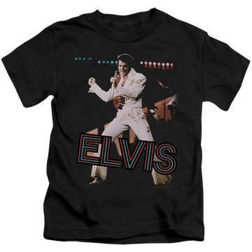Black kid's t-shirt for ages 4 to 7 with Elvis Presley Hit The Lights graphic