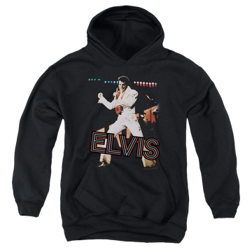 Black youth hoodie for ages 8 to 12 with Elvis Presley Hit The Lights graphic