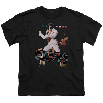 Black youth t-shirt for ages 8 to 12 with Elvis Presley Hit The Lights graphic