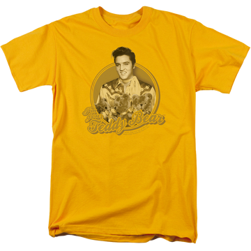 Gold men's regular fit t-shirt with Elvis Presley Teddy Bear graphic
