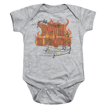 Athletic heather baby bodysuit with Elvis Presley Devil graphic