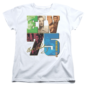 White women's t-shirt with Elvis Presley Birthday 2010 graphic