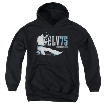 Black youth hoodie for ages 8 to 12 with Elvis Presley Elv 75 Logo graphic