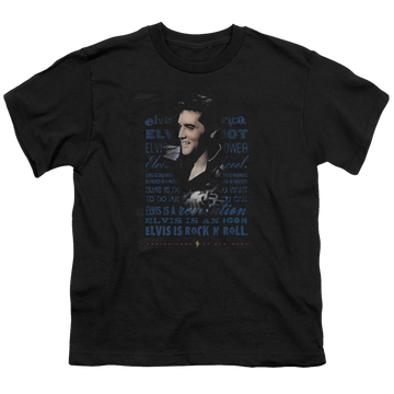 Black youth t-shirt for ages 8 to 12 with Elvis Presley Icon graphic